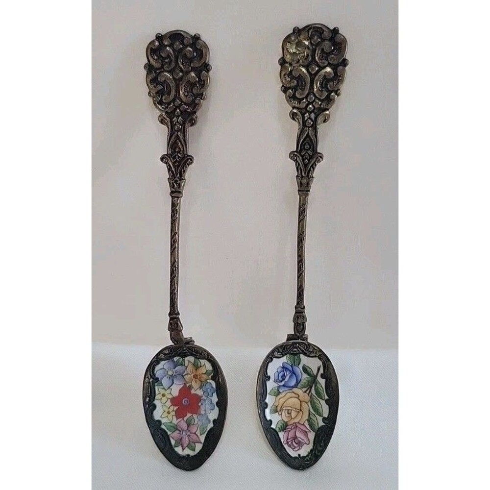 2 Vintage Mid-Century Czechoslovakian Enamel Souvenir Spoons Floral Art 5" Unmar